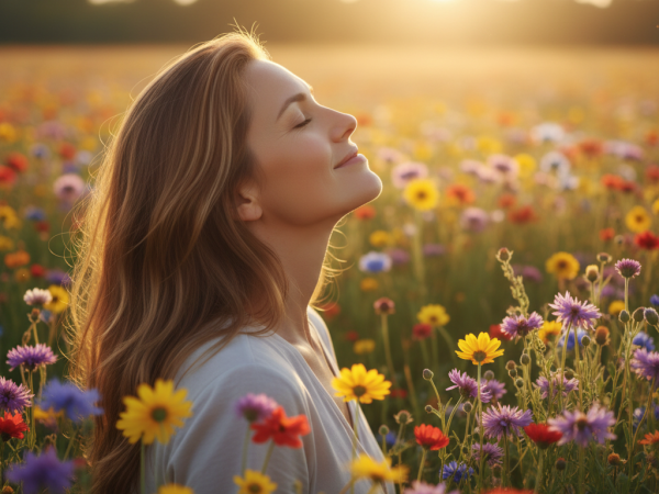 Une femme rayonnante profite d'un moment de contemplation paisible dans un champ de fleurs sauvages au lever du soleil, symbolisant les prises de conscience.