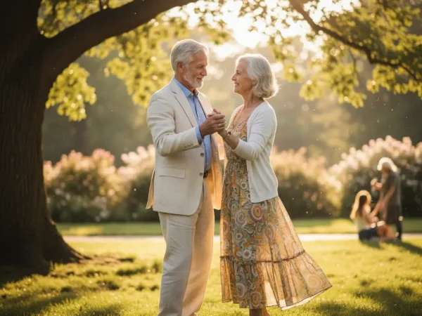 Un couple âgé dansant dans un parc ensoleillé, symbolisant la résilience et les secondes chances.