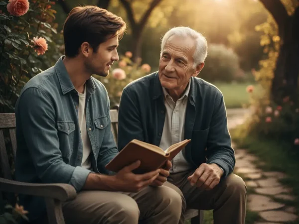 Un homme âgé souriant partage des mots de sagesse avec un jeune homme, symbolisant la transmission de vérités pour une vie.