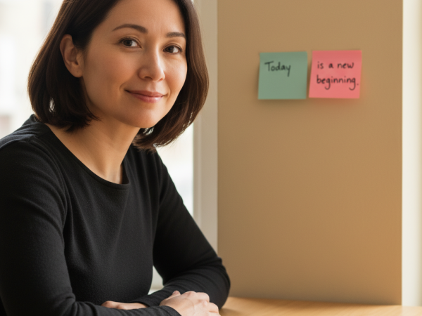 Une femme souriante regarde un post-it coloré affiché sur un miroir, symbolisant les petits rappels inspirants.