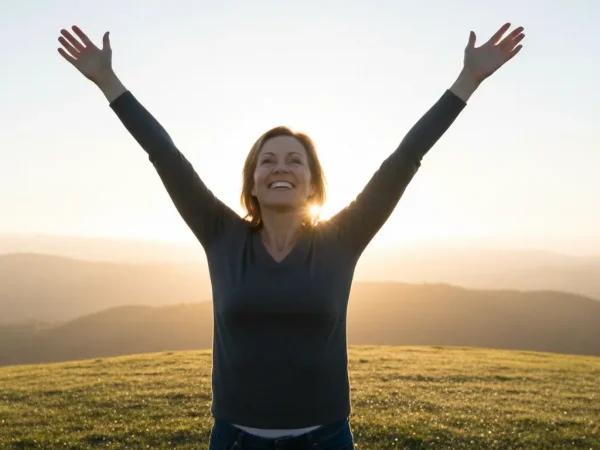 Une femme souriante se tient au sommet d'une colline, levant les bras vers un ciel lumineux, symbolisant le dépassement des croyances limitantes.