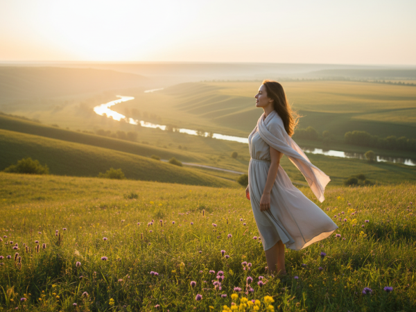 Une femme souriante regardant vers l'horizon, symbolisant le dépassement des habitudes toxiques et la construction d'une vie joyeuse.