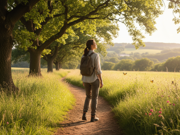 Une personne marche avec confiance sur un chemin ensoleillé, symbolisant le dépassement des habitudes limitantes et la croissance personnelle.