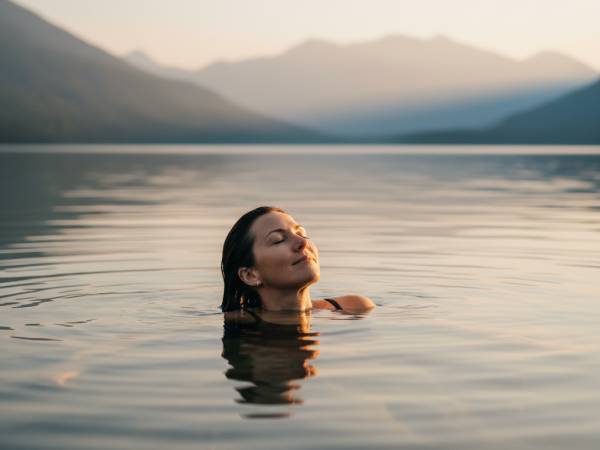 Une femme souriante et sereine flottant doucement sur une eau calme, symbolisant le lâcher prise.