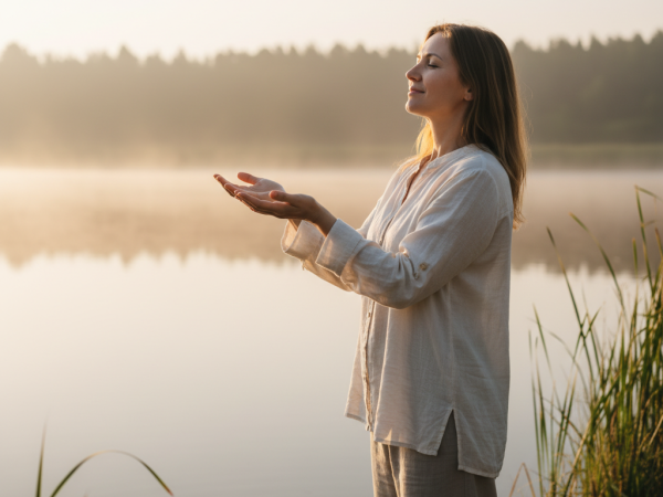 Une femme sereine au bord d'un lac au lever du soleil, symbolisant le lâcher prise.
