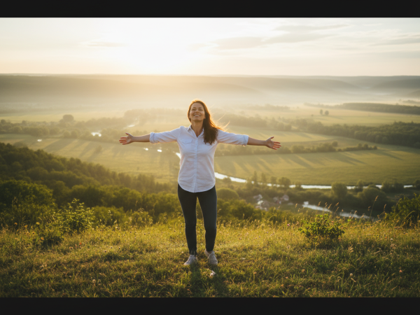 Une femme trouve la liberté et la sérénité en pratiquant le lâcher prise au lever du soleil.