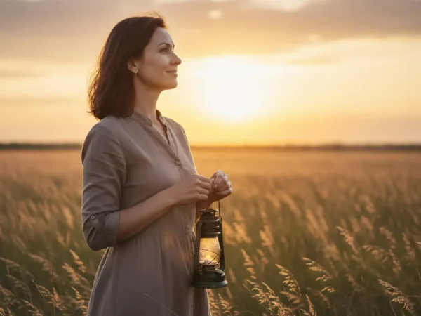 Une femme souriante et légère tenant une lanterne allumée dans un champ au coucher du soleil, symbolisant le lâcher prise et l'espoir.