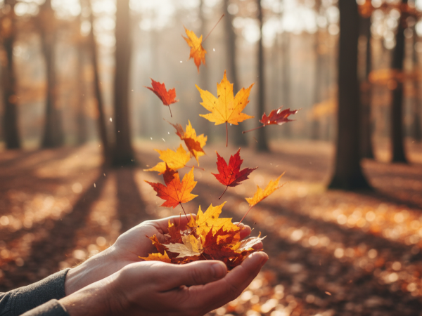 Close-up, photorealistic image of a person's hands gently releasing a handful of vibrant autumn leaves into the air in a sun-dappled forest clearing. Soft, natural light, shallow depth of field, realistic colors.
