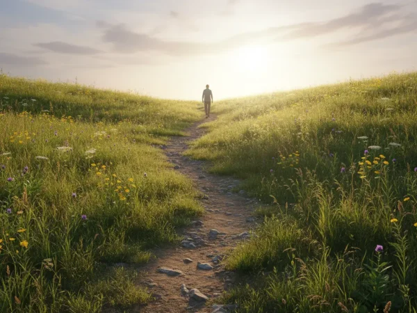 Une personne marchant sur un chemin ensoleillé, symbolisant les micro-pas vers un avenir meilleur.