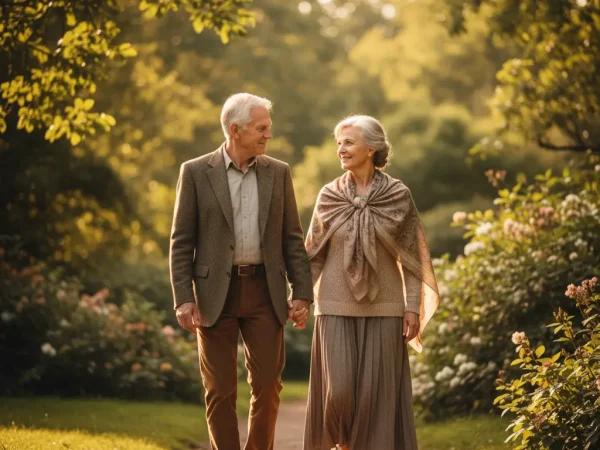 Un couple âgé profitant d'un moment tendre dans un parc, symbolisant des relations durables.