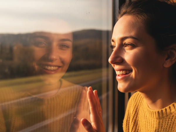 Close-up photograph of a person smiling genuinely while looking out of a train window during golden hour, blurred scenery passing by, soft light illuminating their face, conveying a sense of hope and forward movement.