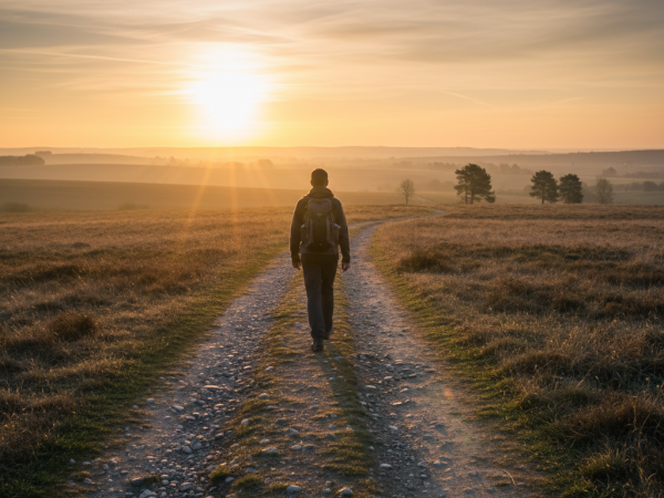 Une personne marche vers un lever de soleil radieux, symbolisant un nouveau départ.