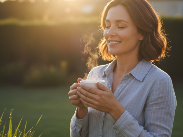 Une femme savoure un moment de gratitude avec une tasse de café au lever du soleil, symbolisant le pouvoir du matin.