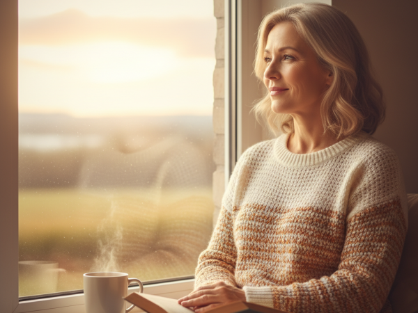Une femme souriante regardant le soleil levant, symbolisant la sérénité intérieure et le renouveau.