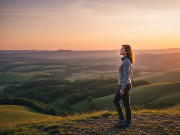 Une femme regarde un magnifique lever de soleil depuis le sommet d'une colline, symbolisant un nouveau départ plein d'espoir et de sérénité.