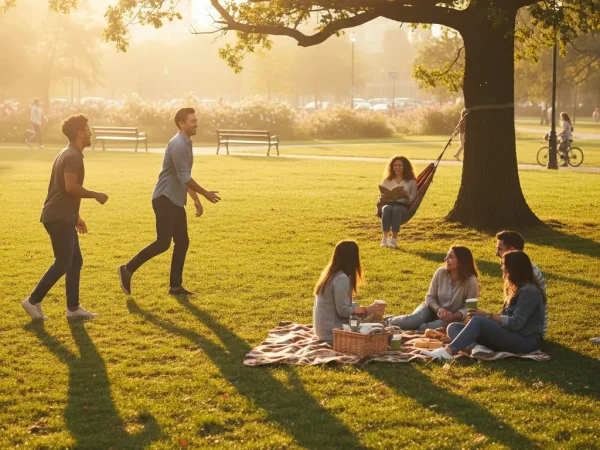 A sun-drenched park scene, a diverse group of people are enjoying a leisurely afternoon. Some are laughing while playing frisbee, others are relaxing on a picnic blanket, and a young woman is reading a book under a tree, a gentle smile gracing her lips. Golden hour light creates long shadows and warm highlights, capturing a genuine sense of contentment and peace.