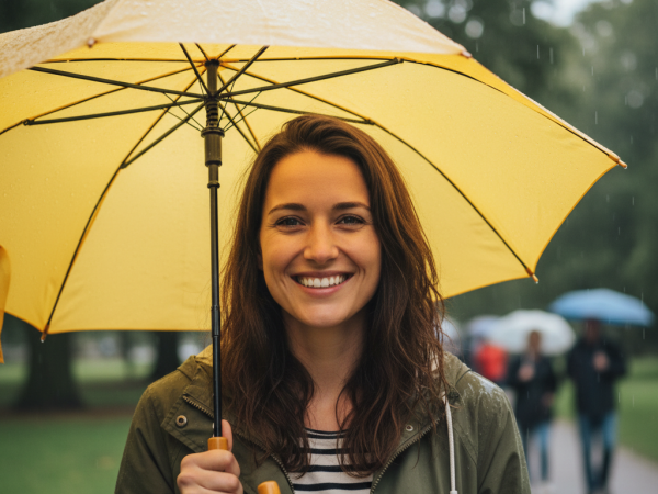 Close-up photograph of a woman in her late 20s, smiling genuinely while walking in a park on a slightly rainy day, holding a bright yellow umbrella. Soft, diffused natural light.