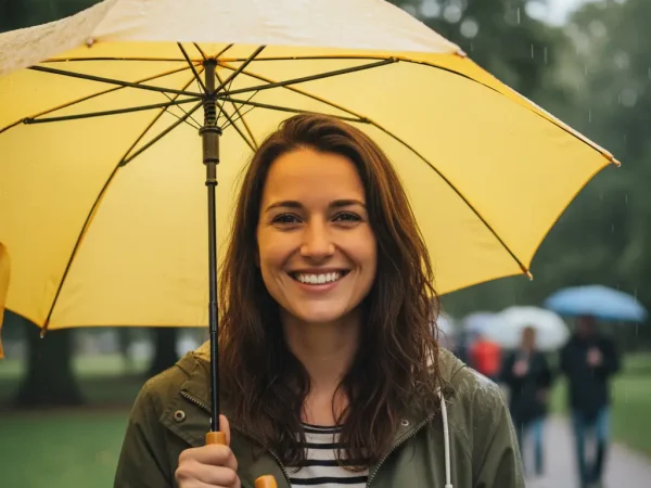 Close-up photograph of a woman in her late 20s, smiling genuinely while walking in a park on a slightly rainy day, holding a bright yellow umbrella. Soft, diffused natural light.
