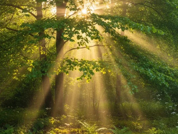 Close-up photograph of sunlight streaming through the leaves of a vibrant green tree in a lush forest, dappling the ground with warm light and creating long shadows, conveying a sense of peace and hope.