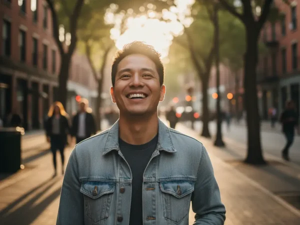 Close-up photograph of a person smiling genuinely while walking on a sunny city street, dappled light filtering through trees, creating soft shadows, shallow depth of field.