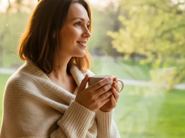 Close-up photograph of a smiling woman in her early thirties, bathed in soft, golden morning light streaming through a window. She is wearing a comfortable, slightly oversized sweater, holding a steaming mug, looking out at a vibrant green park scene with trees just beginning to show their spring foliage. The focus is on her serene expression and the gentle light illuminating her face.